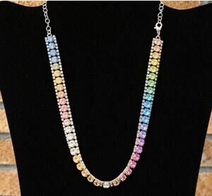 Rainbow Crystal Tennis Necklace Silver Tone with Gradient Multi Color Stones